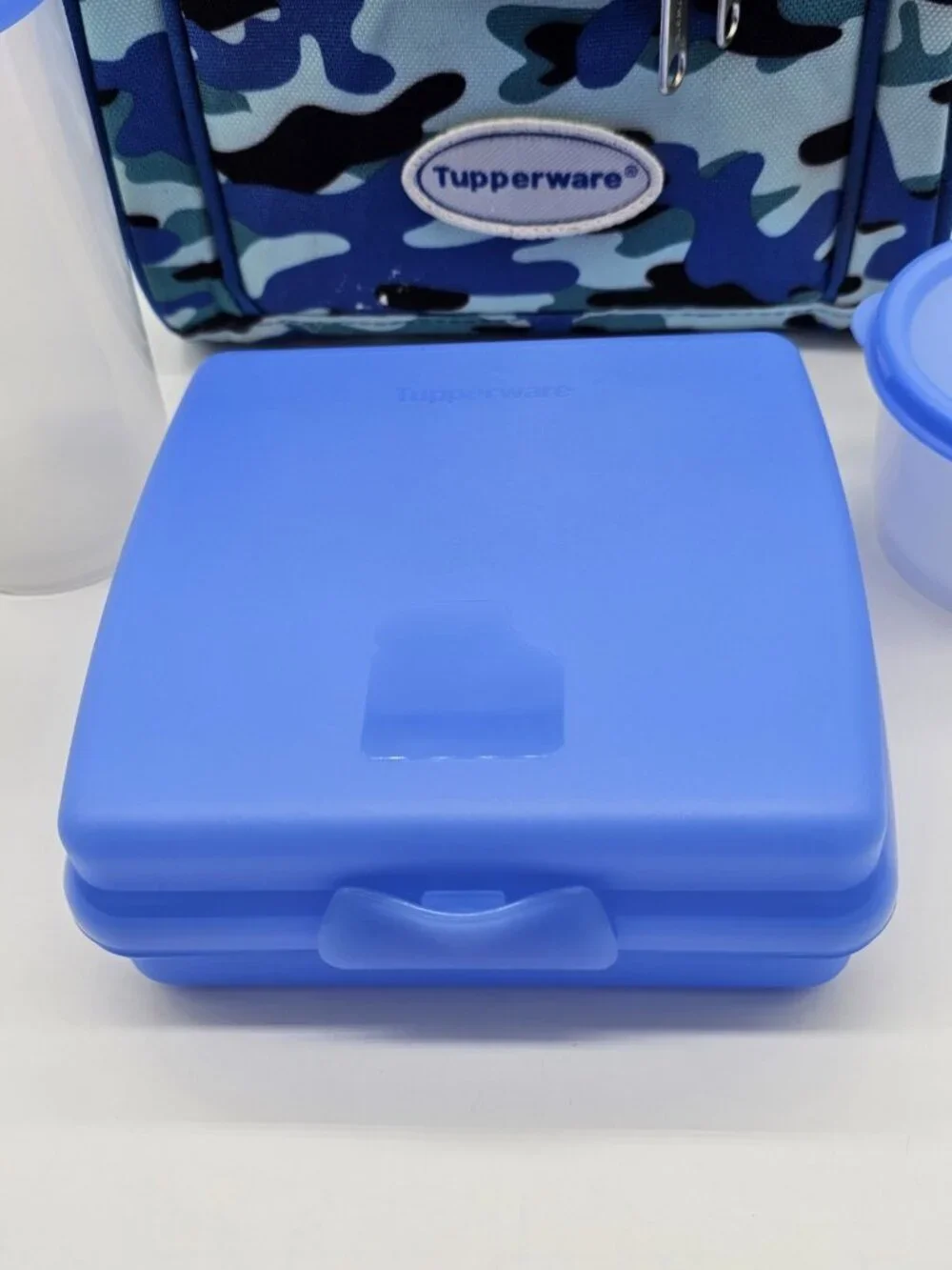 Tupperware Lunch Box Blue Camouflage Lunchbox Cup Container Sandwich Keeper 4 Pc